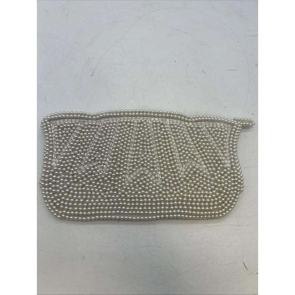 Vintage 1960s Ivory Cream Beaded‎ Small Clutch Zip Hand Made Japan Wedding
